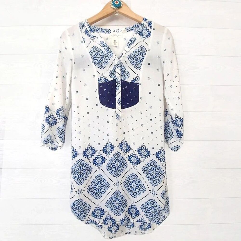 L.O.G.G. Tunic Dress Prairie Boho Smock Size 2 Blue White Short